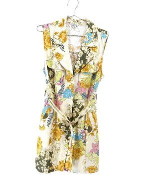 Guess Lydia Linen Floral Belted Sleeveless Shirt Dress Cream Yellow Size XL